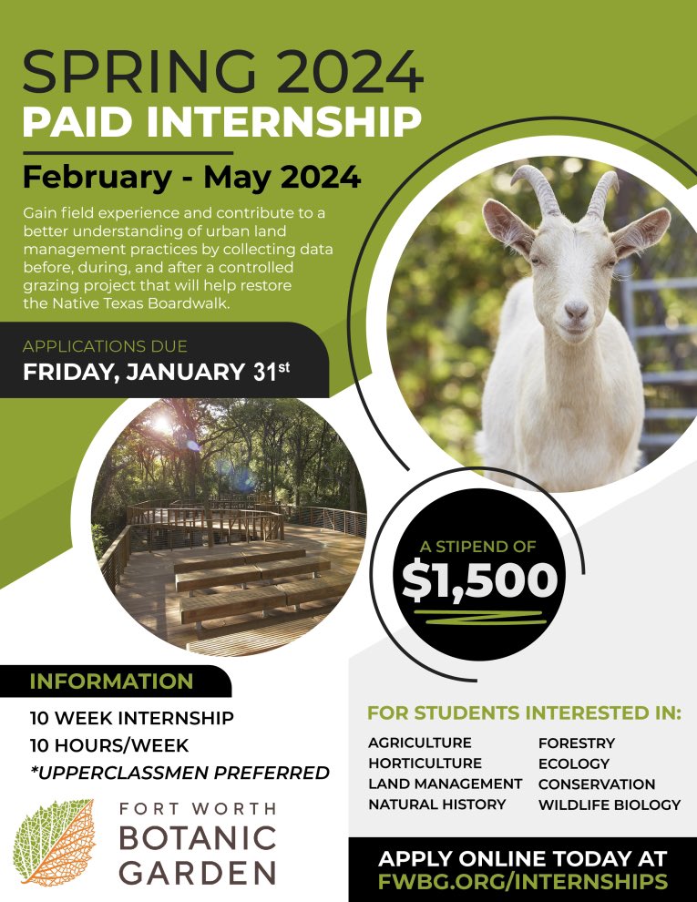 DFW folks, as the undergrads recolonize your spaces, be sure to mention our 3 paid spring internship spots! Great for undergrads thinking of museum or nat history collections careers or conservation or ecology! Fwbg.org/internships