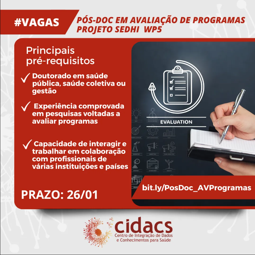 Já pensou em integrar o time de pesquisa do Cidacs? 👀

Temos dois novos editais abertos!

🔗 Acesse os editais em nosso site: cidacs.bahia.fiocruz.br/oportunidades