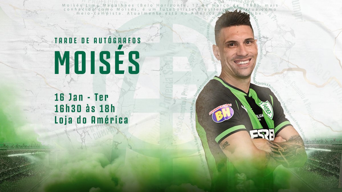 #APROFECIASECUMPRIU

Nação Americana, nosso #DNAFormador, Moisés, será apresentado em uma tarde de autógrafos na <a href="/lojadoamerica/">Loja do América 🐰</a>, na próxima terça-feira, dia 16, das 16h30 às 18h! 🐰💚

Contamos com a presença de todos para dar as boas vindas ao nosso profeta!

#PraCimaDelesCoelho