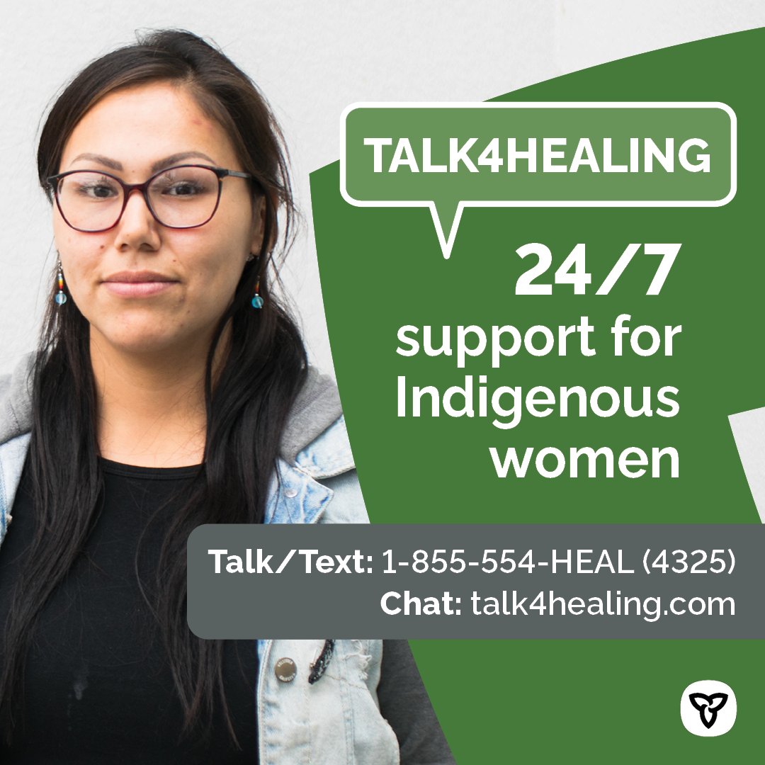 1/2
Run by and for Indigenous women, <a href="/Talk4Healing/">Talk4Healing</a> is a confidential helpline that offers culturally grounded counselling, advice &amp; support in a safe and accepting environment. 
 
Help is available 24/7 in 16 languages. 
 
Talk + text: 1-855-554-HEAL (4325)
👇
