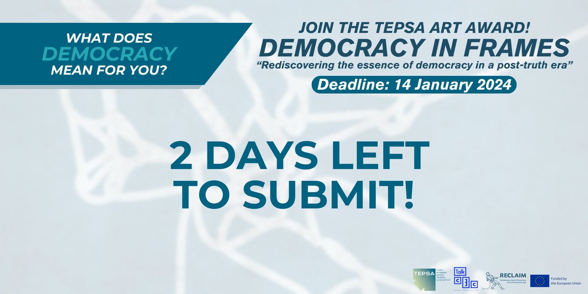 2⃣days left to submit for the #ArtAward‼️
📢Win a trip to Brussels!

'What does #Democracy mean to you?'

Accepted formats include photos, videos, digital art, illustrations, cartoons, and more 

More information: tepsa.eu/events/call-fo… 

@tepsaeu @uni_iceland @AMS_IIA