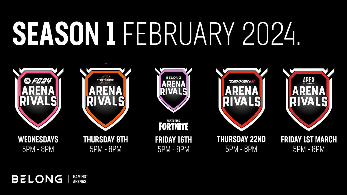 ARENA RIVALS IS HERE! 🏆

Arena Rivals - Season 1 launches on February 5th, running until the April 28th!

Start your esports journey with regular competitive activity against players at Belong UK Arenas for FREE!

Sign-ups will open next week, so make sure to keep an eye out for