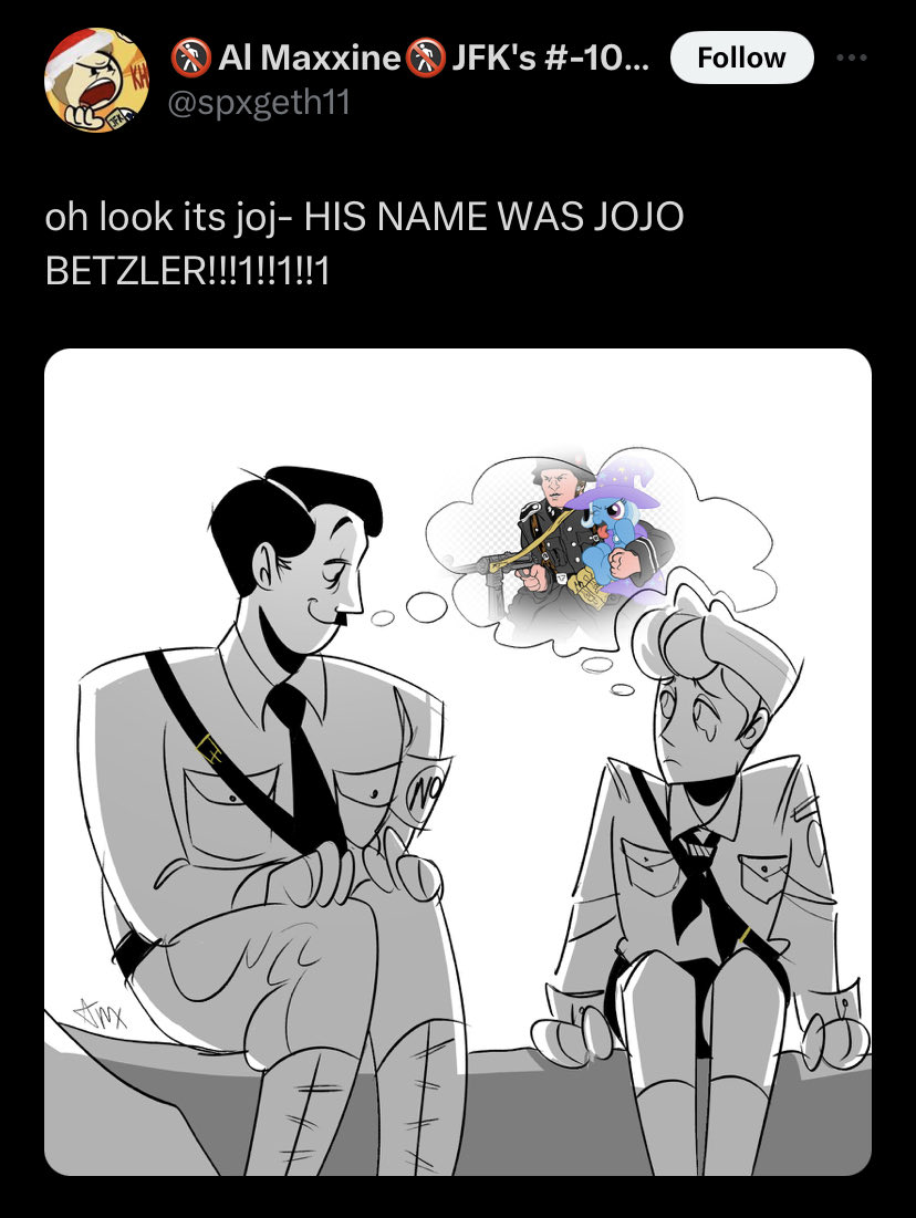 sweatybigbird's tweet photo. yeah the art is nice and cute but just letting y’all know this guy draws hitler fanart 
(theyre also 100% aware that drawing hitler fanart is fucked up because of them pixelating him out in a separate post) https://t.co/p9g8f0moF6