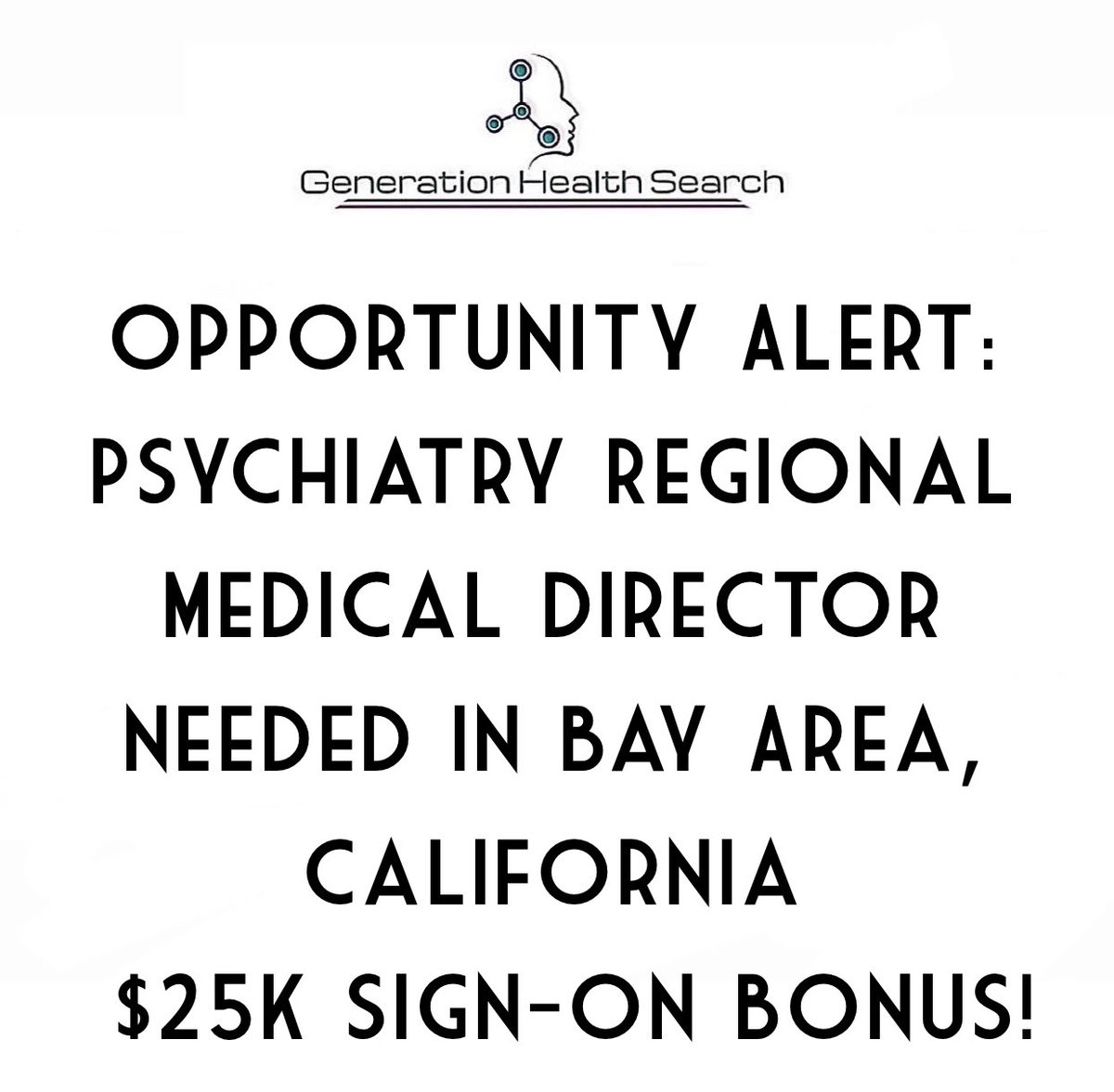 Seeking a Psychiatry Regional Medical Director in the vibrant Bay Area, California. $25K sign-on bonus! #HealthcareCareers #MedicalDirector #NowHiring #CaliforniaJobs #CareerGrowth #ApplyToday #GenerationHealthSearch 🚀 #ApplyNow Apply at recruiting@generationhealthsearch.com