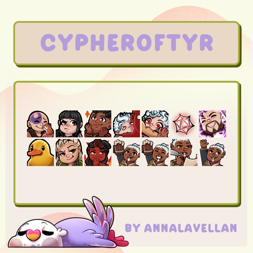 *AD/WERBUNG

I had the chance to design emotes for the lovely @CypherOfTyr ! 💜

Please check her out!! 💜
____
#emotes #emoteartist #twitchemotes #twitchde #twitchger #twitchartist #commission