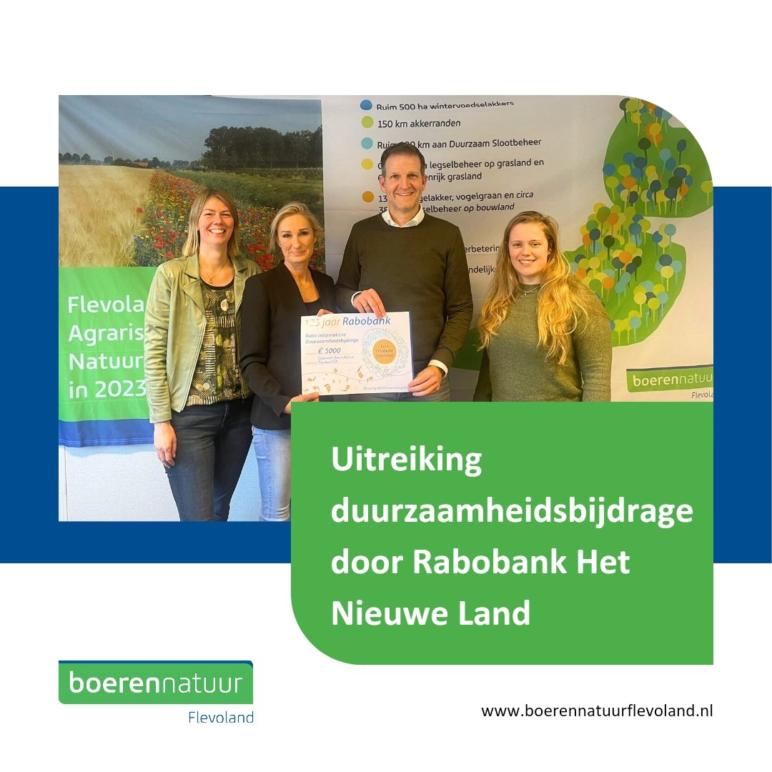 Vandaag mochten wij een duurzaamheidsbijdrage in ontvangst nemen van Rabobank Het Nieuwe Land. Hartelijk bedankt! #rabohetnieuweland #duurzaamheid #rabobank #bnflevoland #natuurinclusief #landbouw