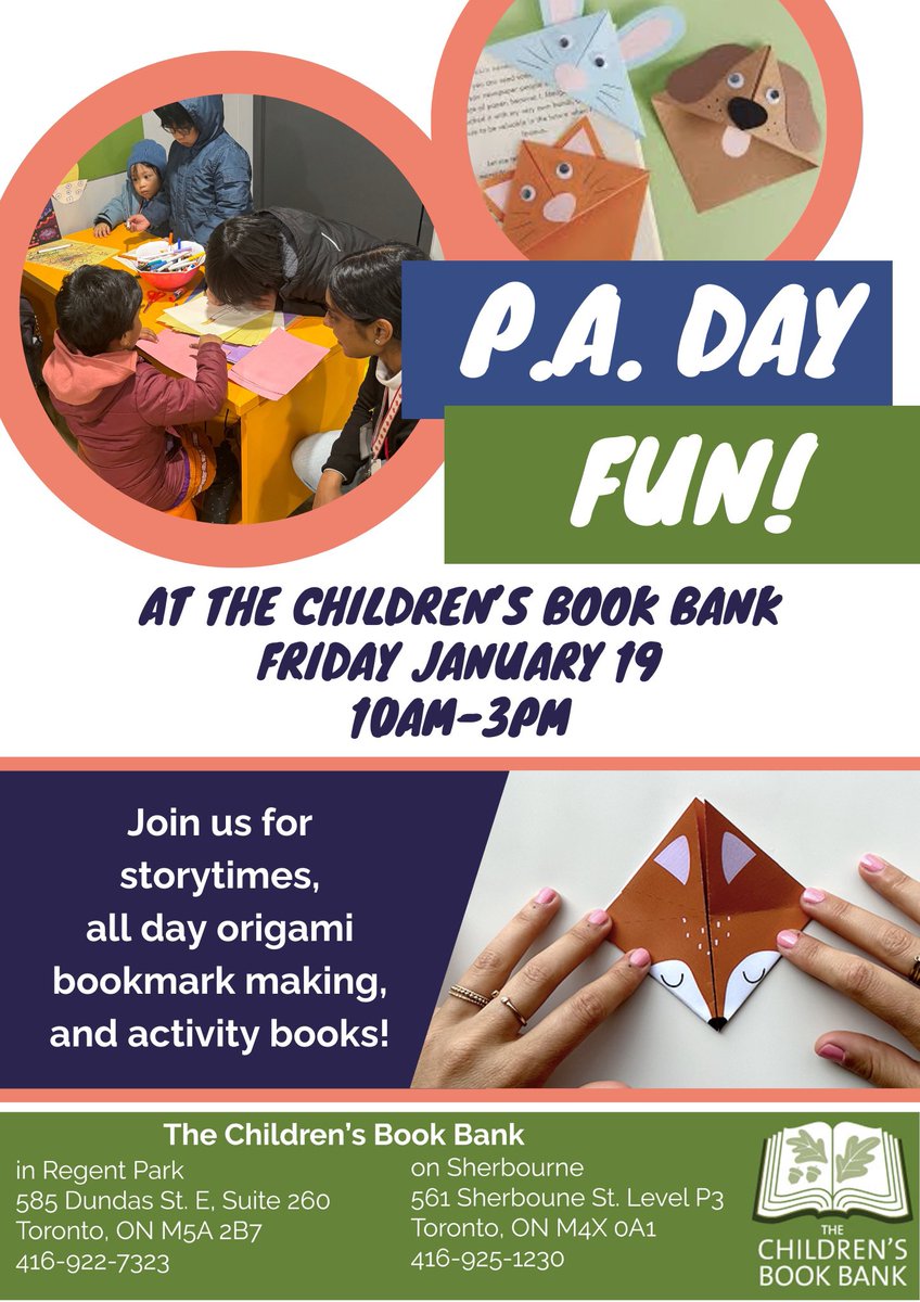 Both our Regent Park and Sherbourne locations will be open next Friday January 19 from 10AM-3PM for the PA Day! Join us for storytimes, all day origami bookmark making, and free activity books! 

 #RegentParkToronto #TorontoKids #KidsTO #kidsactivitiesintoronto #torontokidsevents