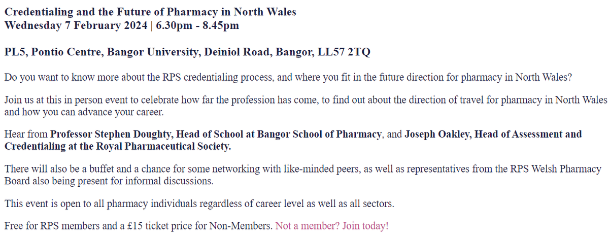 Royal Pharmaceutical Society Wales 🏴 (@rps_wales) on Twitter photo 📢Pharmacists in North Wales - we're so exited to be hosting an RPS regional event at Bangor next month.
A great chance to get up to speed on:
👉credentialing
👉exciting developments at <a href="/BangorUni/">Bangor University</a>
👉& network with colleagues.
See details & register👇
events.rpharms.com/200272211 📢Pharmacists in North Wales - we're so exited to be hosting an RPS regional event at Bangor next month.
A great chance to get up to speed on:
👉credentialing
👉exciting developments at <a href="/BangorUni/">Bangor University</a>
👉& network with colleagues.
See details & register👇
events.rpharms.com/200272211