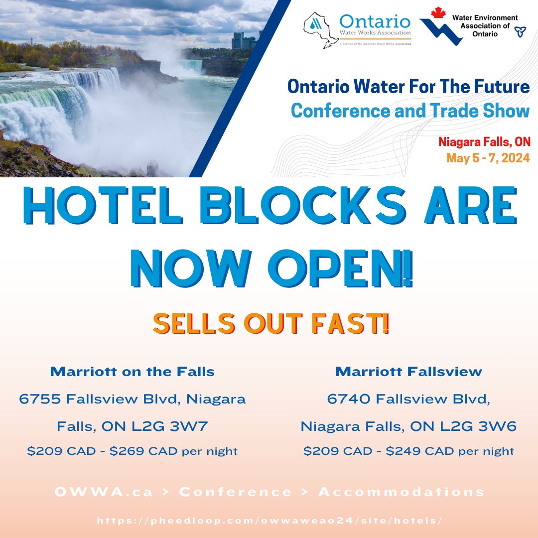 OWWA1's tweet photo. Hotel blocks are now open for the 2024 OWWA WEAO Joint Conference! Book Early as blocks normally sell out! Hotel 1: Marriott on the Falls | Hotel 2: Marriott Fallsview #Water24 https://t.co/gFOS7nAy7R
@WEAOntario https://t.co/FqFAlco4N3