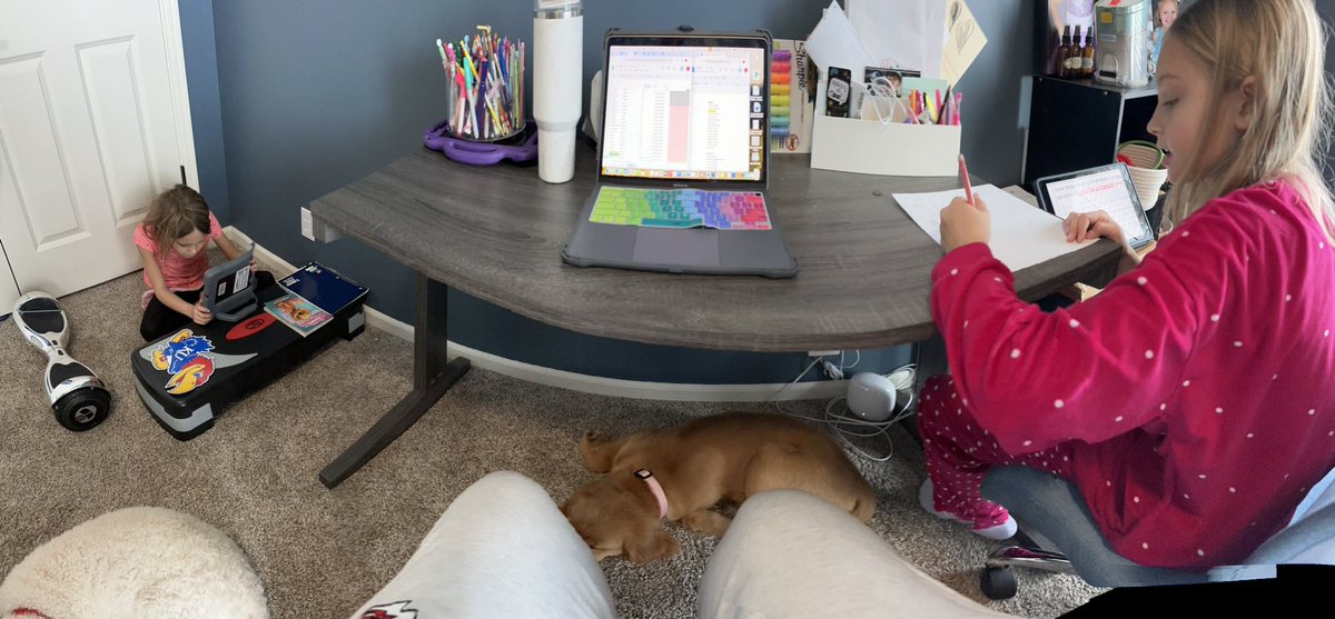 Working remotely with the girls having an AMI day. Sweats, pjs, and puppies are a must on a cold icy day @BeltonSchools @theSMSD #momsasprincipals #overwinter #WomenLeaders