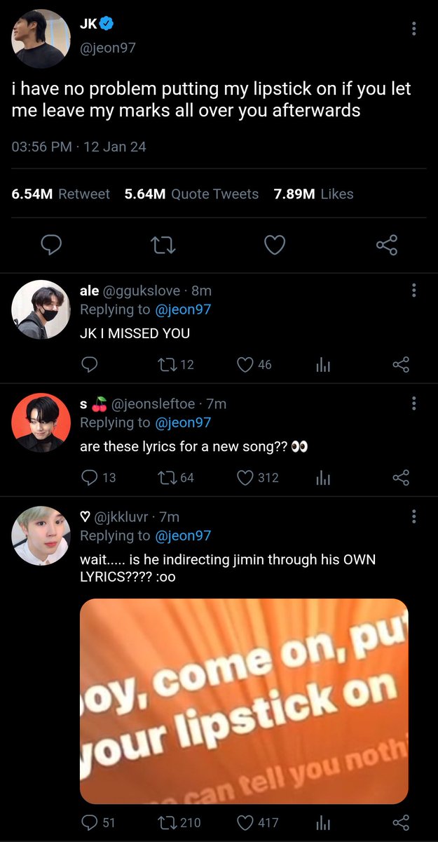 KOOKI3SLUVR's tweet photo. yes, and? 💋 #jikookau 

Idol JM comes back after a long hiatus with a new single that disses all his haters, and his fans go wild.

Rapper JK, who's never seen interacting with idols before, shocks everyone by posting an indirect about JM. https://t.co/su0ay7fEP2