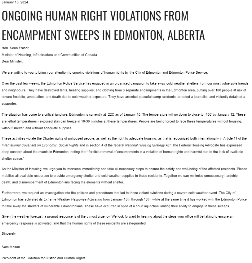 R2HNetwork's tweet photo. Removing cold weather shelters from encampment residents, esp if it's their only form of shelter, with nowhere else to go is a gross violation of human rights.

The Coalition for Justice and Human Rights sent a letter calling on the Minister of Housing to urgently intervene⬇️ https://t.co/bF84Pb0aJp
