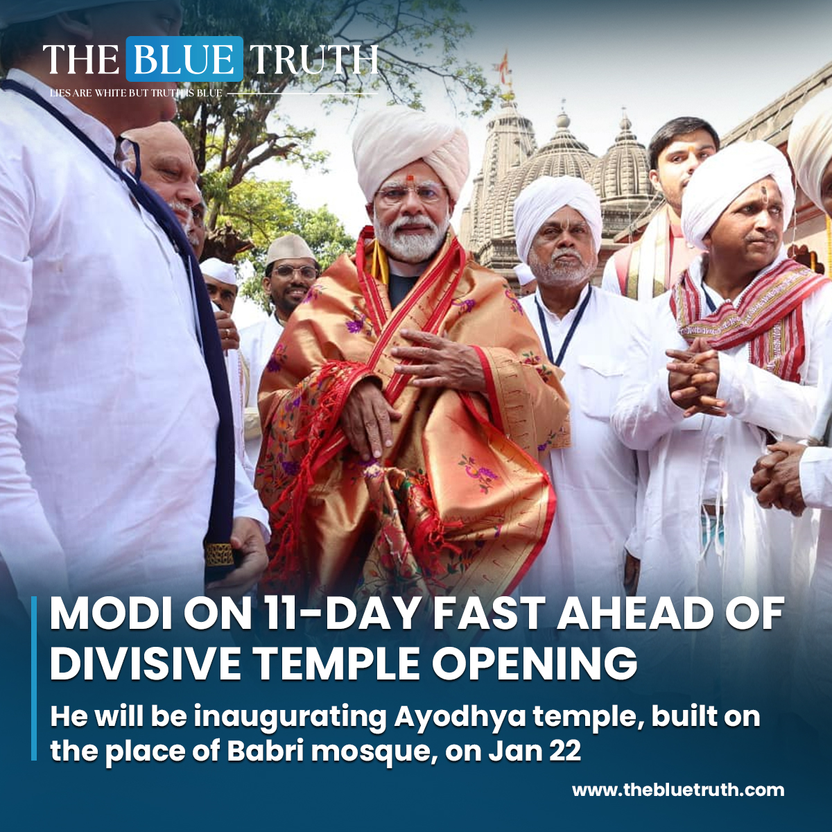thebluetruth_'s tweet image. Modi on 11-day fast ahead of divisive temple opening.
He will be inaugurating Ayodhya temple, built on the place of Babri mosque, on Jan 22.
#ModiFast #TempleOpening #ReligiousPolitics 
#PoliticalFasting #IndianPolitics #ReligiousLeadership #TempleControversy #tbt #TheBlueTruth