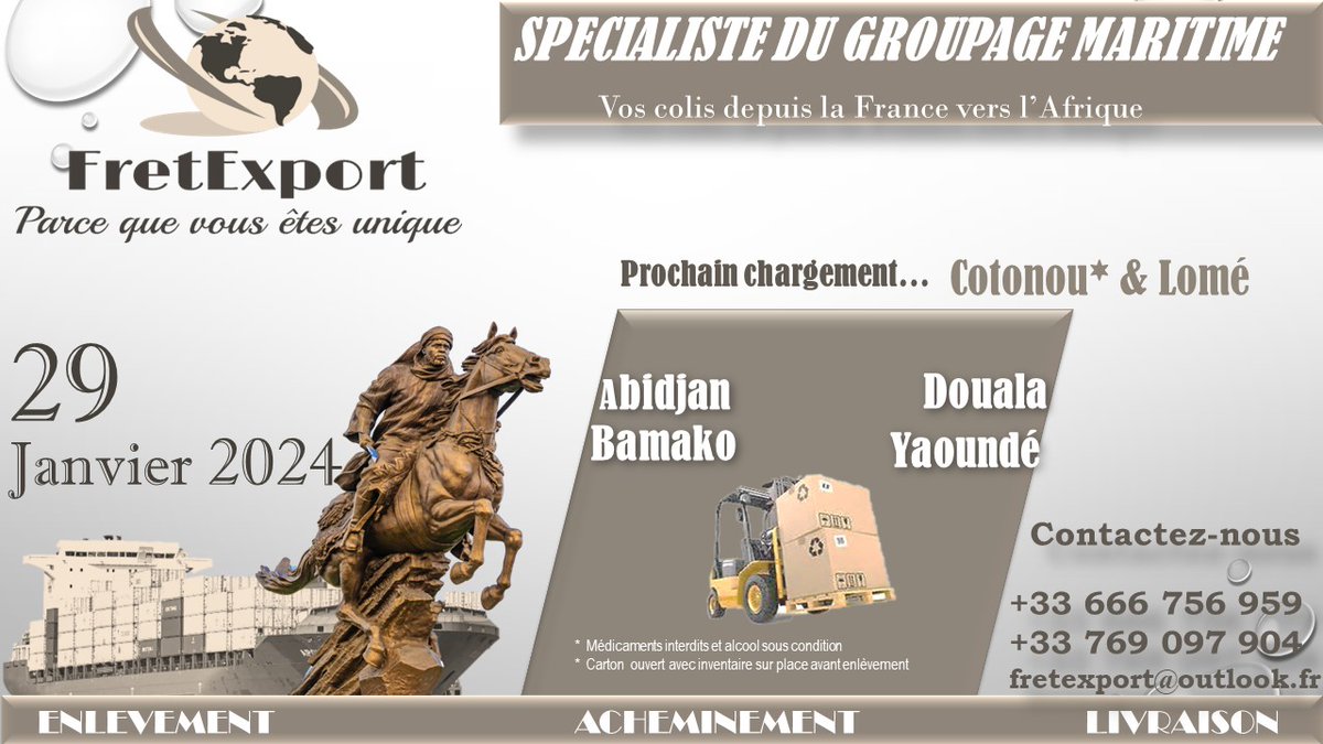 fretexport's tweet photo. Notre prochain chargement pour COTONOU et LOME est prévu pour le 29 Janvier 2024. 
Fretexport vous invite à la découverte de nouvelles destinations:
ABIDJAN - BAMAKO - DOUALA - YAOUNDE
Toute l'équipe FRETEXPORT vous souhaite une Heureuse Année et vous remercie pour votre fidélité https://t.co/mNT2CP5Ker