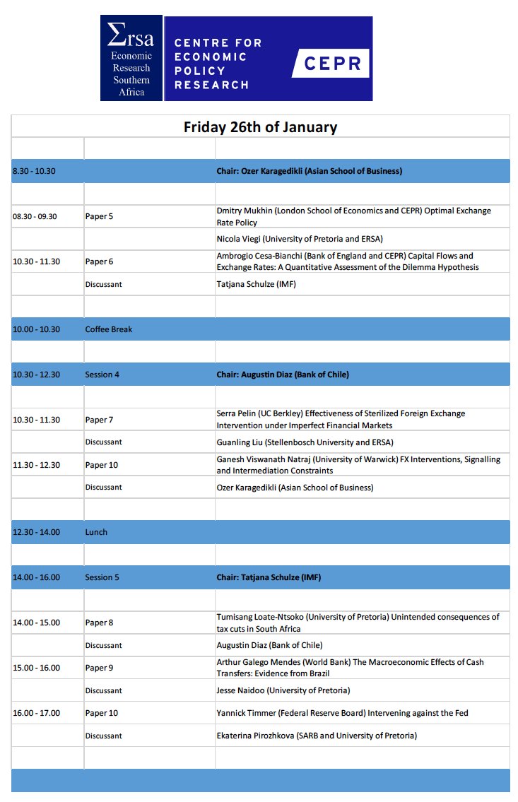 Very happy to have a great programme and P.O. Gourinchas <a href="/pogourinchas/">Pierre-Olivier Gourinchas</a> as the keynote speaker for the 2nd <a href="/econrsa/">ERSA</a> <a href="/cepr_org/">CEPR</a> workshop on Macroeconomics in Emerging Markets in Pretoria 25-26 January, organized with the support of SARB and Banco Central de Chile