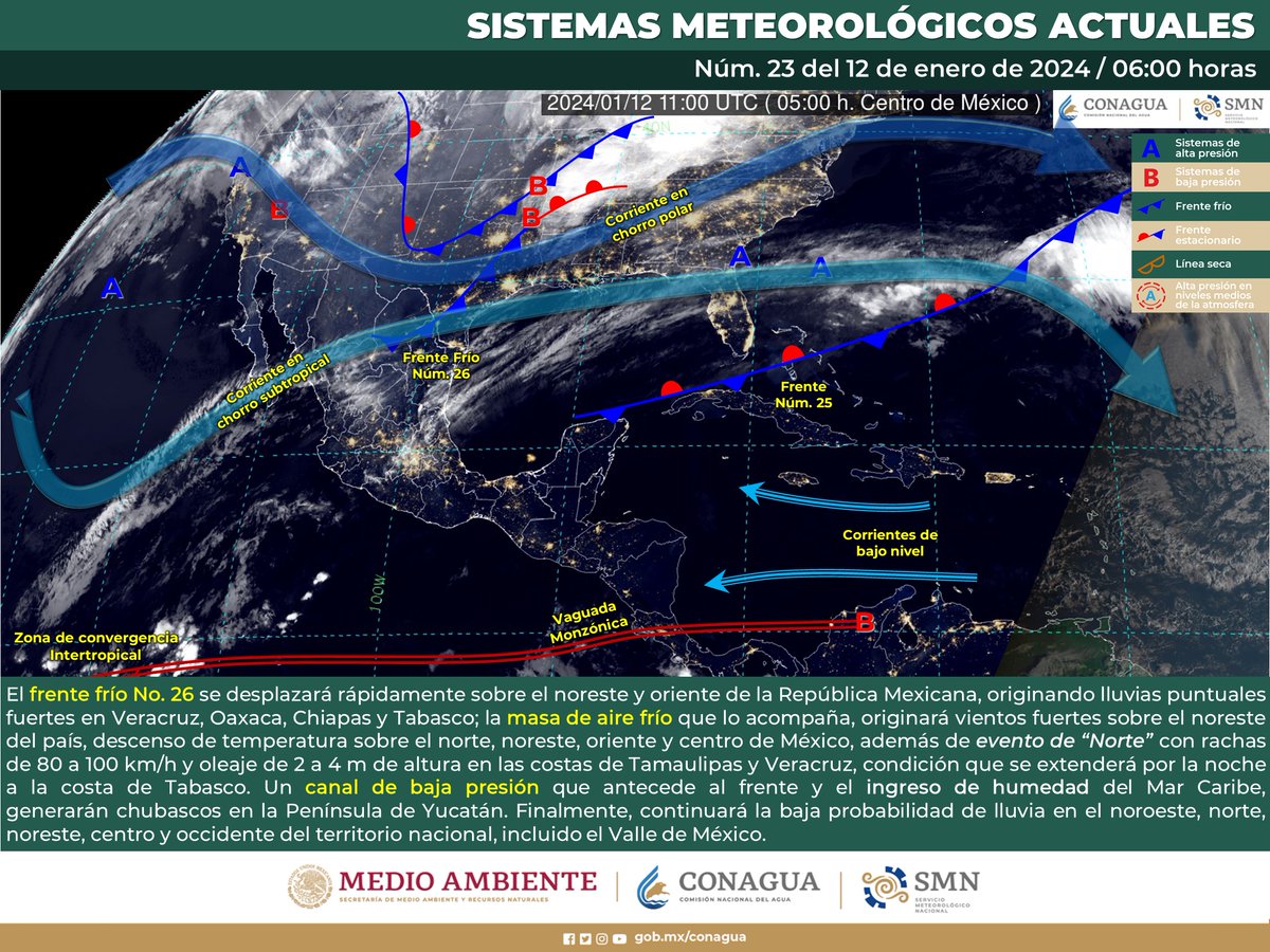 El frente frío No. 26 se desplazará rápidamente sobre el noreste y oriente de la República Mexicana, originando lluvias puntuales fuertes en Veracruz, Oaxaca, Chiapas y Tabasco; la masa de aire frío que lo acompaña originará vientos fuertes sobre el

comunicanoticias.com.mx/frente-frio-no…