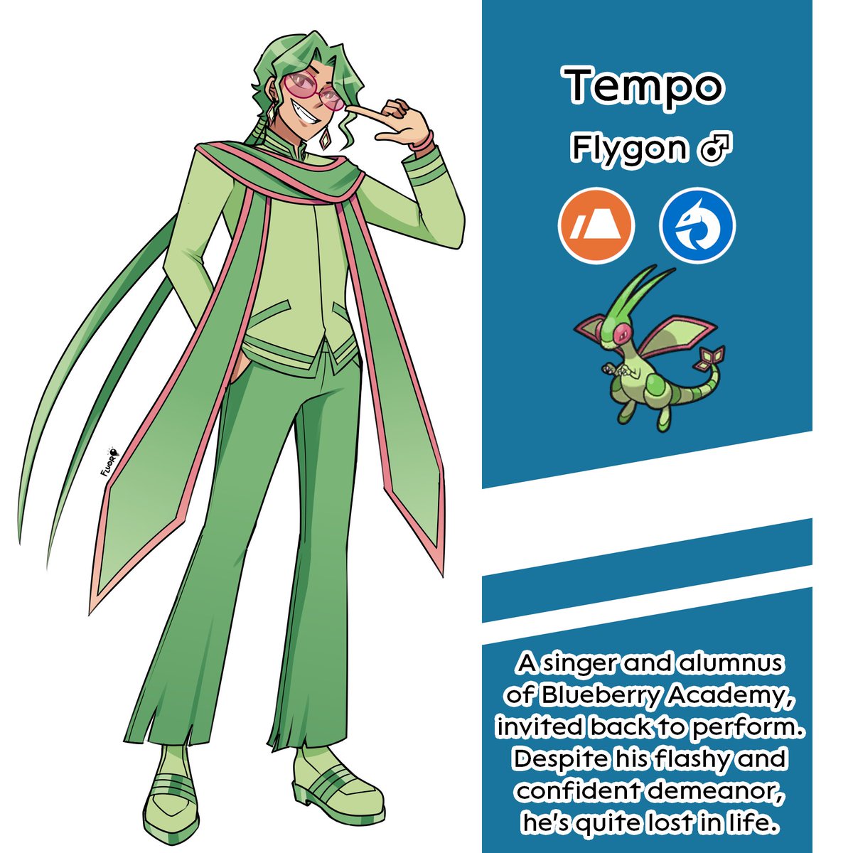 [#PokemonScarletViolet] First half of my Indigo Disk team gijinka, featuring my Flygon, Metagross, and Galarian Slowbro!
(Blueberry Academy is some kind of performing arts school in the gijinka lore because I happened to name everyone music terms and we're rolling with it now) 