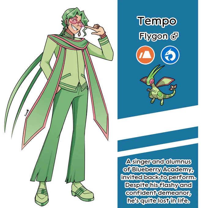 [#PokemonScarletViolet] First half of my Indigo Disk team gijinka, featuring my Flygon, Metagross, and Galarian Slowbro!
(Blueberry Academy is some kind of performing arts school in the gijinka lore because I happened to name everyone music terms and we're rolling with it now) 