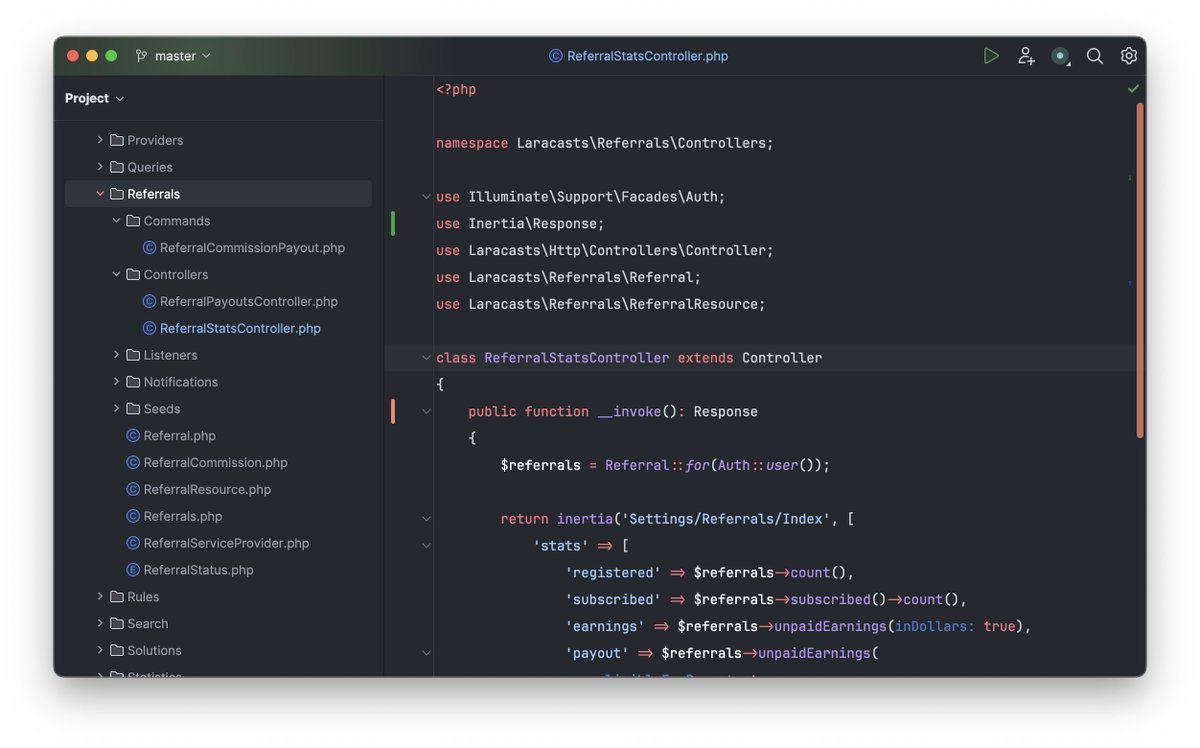 jeffrey_way's tweet image. A really useful technique for slightly larger projects is to build and organize app features as if you were making a Composer package.

Group all of your related models, controllers, listeners, commands, etc. under the same directory and namespace.