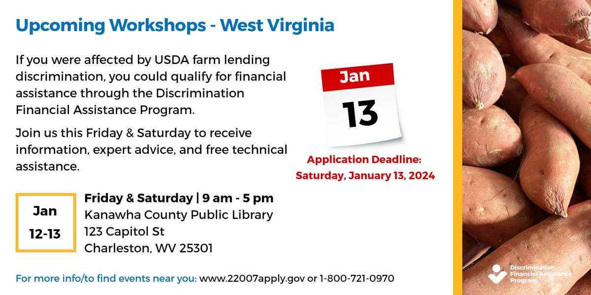 Here are some upcoming events to learn more about the Discrimination Financial Assistance Program. Farmers and ranchers who experienced discrimination in USDA farm lending can apply for financial assistance. The application process is free, &amp; you do not need an attorney to apply.