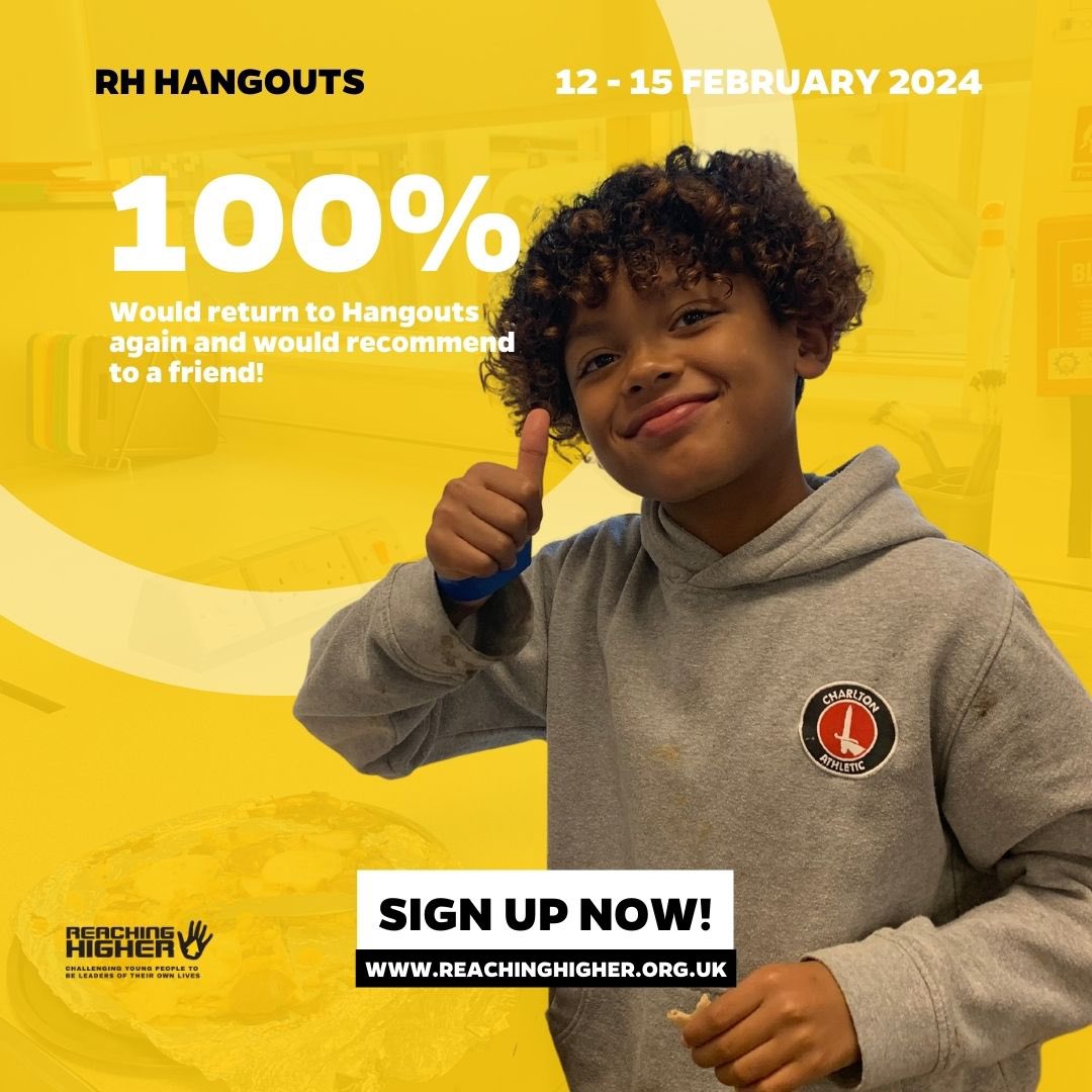 100% said they will return to Hangouts and also recommend to a friend! We look forward to seeing you there! 🤩 12th February - 15th February 2024 To sign up, visit our website: reachinghigher.org.uk #halfterm #activities #free #youth #croydon #strongerfutures