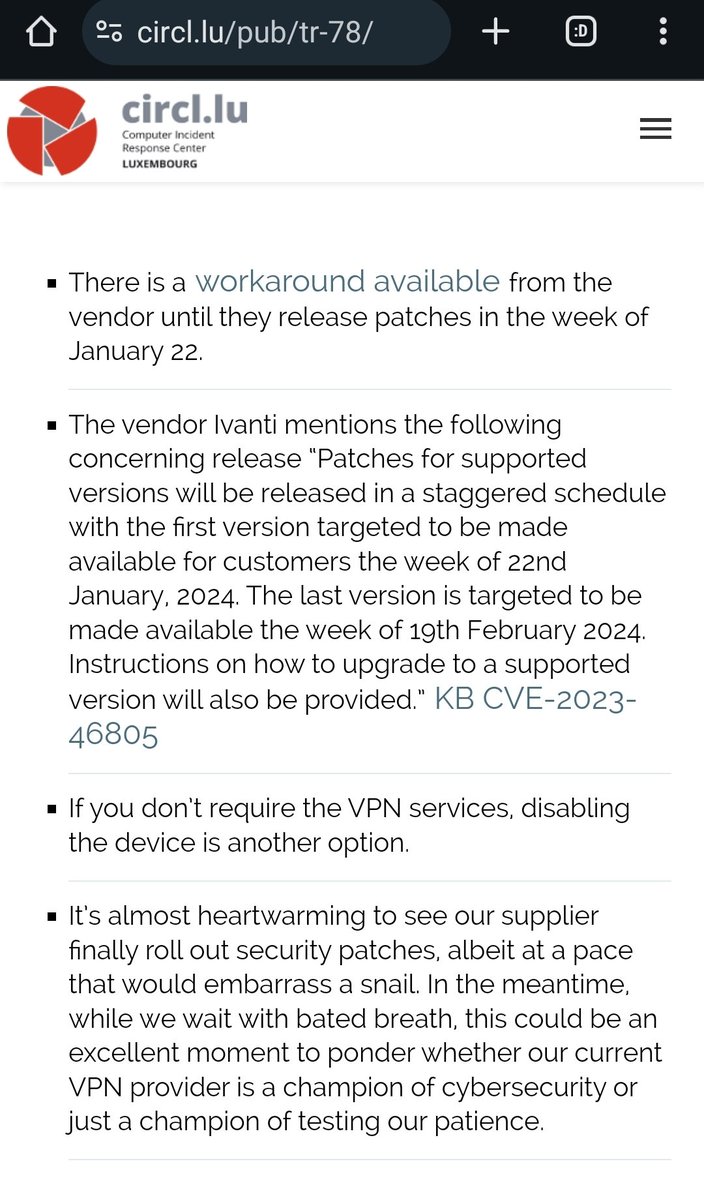 Gi7w0rm's tweet photo. One has to admire @circl_lu for truthfully sharing their opinion regarding #Ivanti 's handling of the 2 #0day s
#CVE-2023-46805 
and
#CVE-2024-21887

#Hownottohandlecriticalvulnerabilities https://t.co/THS8CoASCu