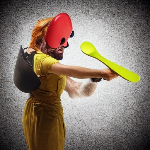Knaht_Uoy's tweet photo. A person wearing a mask and holding a paddle - SMACK #1of1xtz 

gmKU🖖- 6th #1of1 from my #TezosNFTs collection dubbed SMACK deployed on @objktcomm for the #tezosCummunity

https://t.co/5YRwDW8zJr

In this image, we see a person standing in front of a grey wall, wearing a #yellowdress and holding a paddle. The person's face is partially obscured by a white mask, adding an element of mystery to the scene. They are standing with their elbow bent and the paddle held loosely in their hand, as if they were just about to swing it. The clothing worn by the person appears to be made of plastic material, giving off an interesting texture under the light.

The dominant colors in this image are white, grey, and brown. These colors create a neutral backdrop for the vibrant yellow dress worn by the person. The accent color seen throughout is A7B11A - a bright green that adds pops of color to an otherwise muted palette.

Tags associated with this image include "#clothing," "#person," "#elbow," "#holding," "#wall," "#swinging," "#woman," "#indoor," and "#yellow." These tags accurately describe what can be seen in the image - from the person's attire and posture to their surroundings.

According to Astica's description analysis tool, there is also mention of plastic material being present in this image. This could refer to either the clothing or possibly other objects within reach of the person.

The caption generated by Astica reads: “a person wearing a mask and holding a paddle.” However, upon closer inspection using dense captions analysis provided by v2 model version 2023-02-01-preview metadata width 512 height 512), we can see that there are multiple layers within this seemingly simple scene. There is mention of not only one but two paddles - one large green spoon-like object held tightly between both hands while another smaller wooden bat rests against their leg.

Additionally, there seems to be more than one individual present in this photo as well - specifically mentioned are “a man” (with #beard) who may have been carrying some sort of bag, and “a woman” (in yellow dress) who is the main focus of this image. The dense captions also mention a close-up shot of someone's face, possibly referring to the person in the foreground.

Overall, this image captures a moment in time where a group of people are gathered together #indoors - perhaps for some sort of activity or event. The use of masks adds an interesting layer to this scene, making it feel both familiar and foreign at the same time. With its vibrant colors and intriguing composition, this photo leaves us with more questions than answers - inviting us to imagine what could be happening just outside its frame.