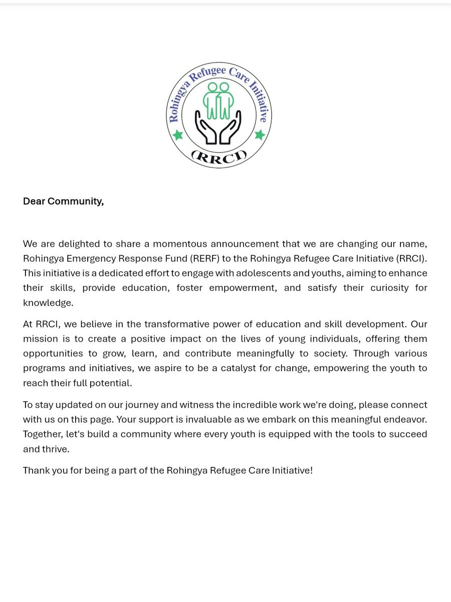 RohingyaRCI's tweet photo. Dear Community, 

We are delighted to announcement that we changed our name, RRRF to the RRCI. This initiative is a dedicated effort to engage with adolescents &amp; youths, aiming to enhance their skills, provide education, foster empowerment &amp; satisfy their curiosity for knowledge. https://t.co/1sRkfKiWRt
