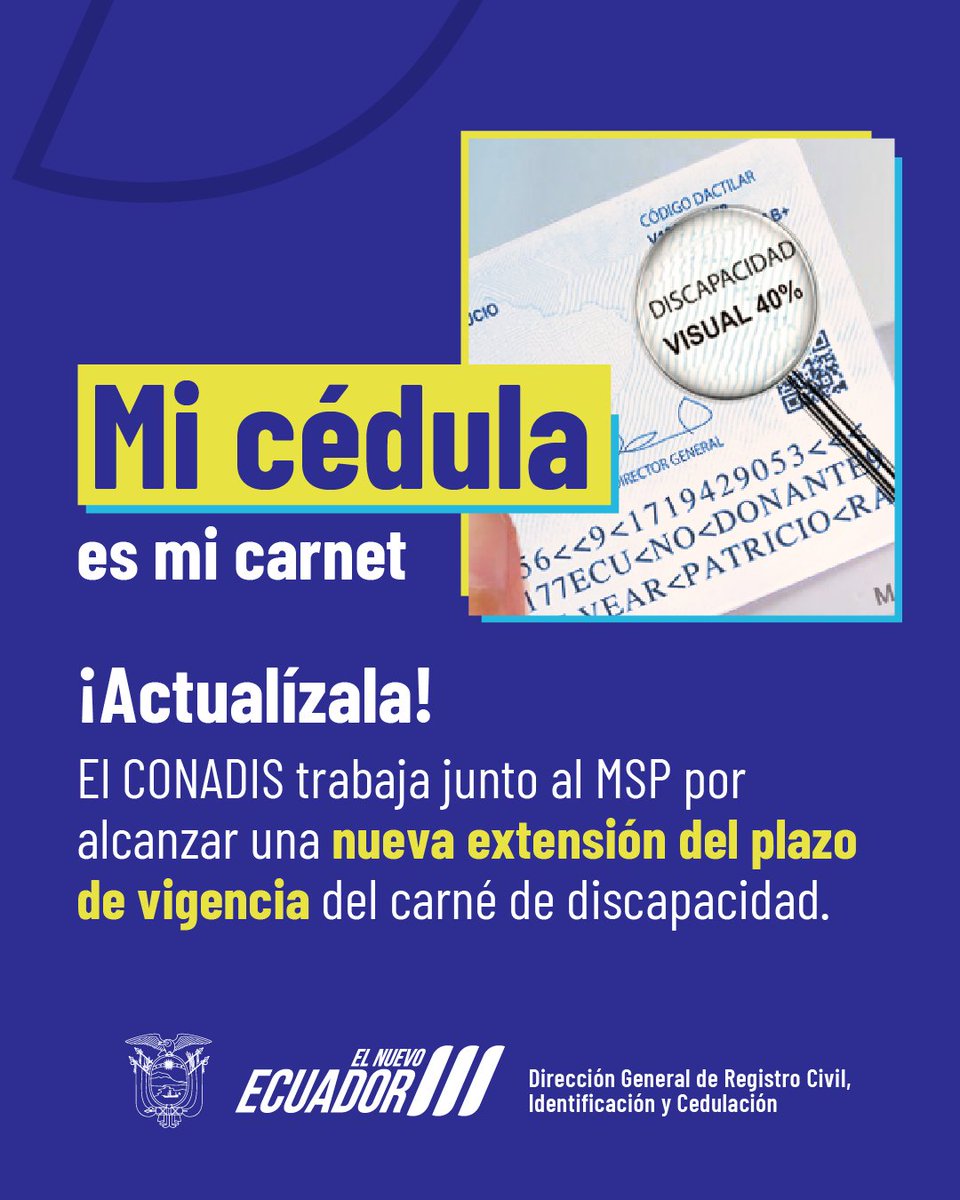 RCivil_Zona1's tweet photo. ¿Tienes carnet de discapacidad CONADIS o del Ministerio de Salud Pública?

� ¡Puedes actualizar tu cédula! �
El servicio de cedulación para las personas con discapacidad del 30% o más, no tiene costo.

#JuntosContraElTerrorismo #EcuadorPrimero #DefiendeTuBandera #ElNuevoEcuador https://t.co/ff67iy6zF5