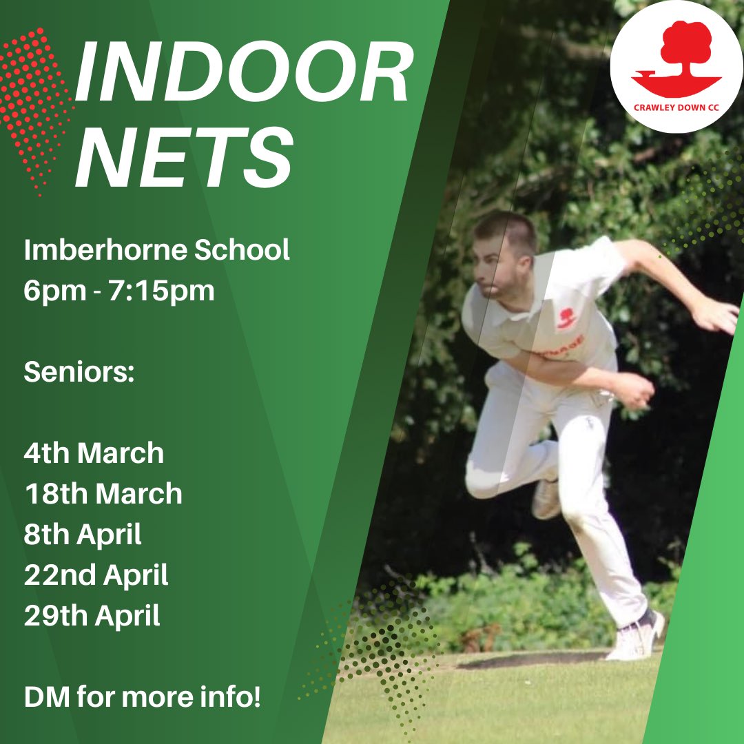 CrawleyDownCC's tweet image. Not long to go now until indoor nets! We’re always on the lookout for new players, so get in touch for more info or if you’d like to come down! 🏏
 
#indoornets #upthedown #cdcc