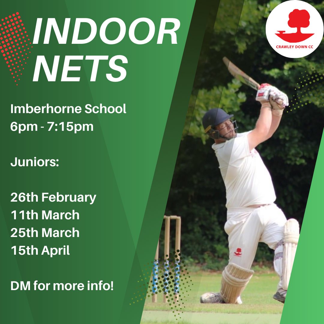 CrawleyDownCC's tweet image. Not long to go now until indoor nets! We’re always on the lookout for new players, so get in touch for more info or if you’d like to come down! 🏏
 
#indoornets #upthedown #cdcc