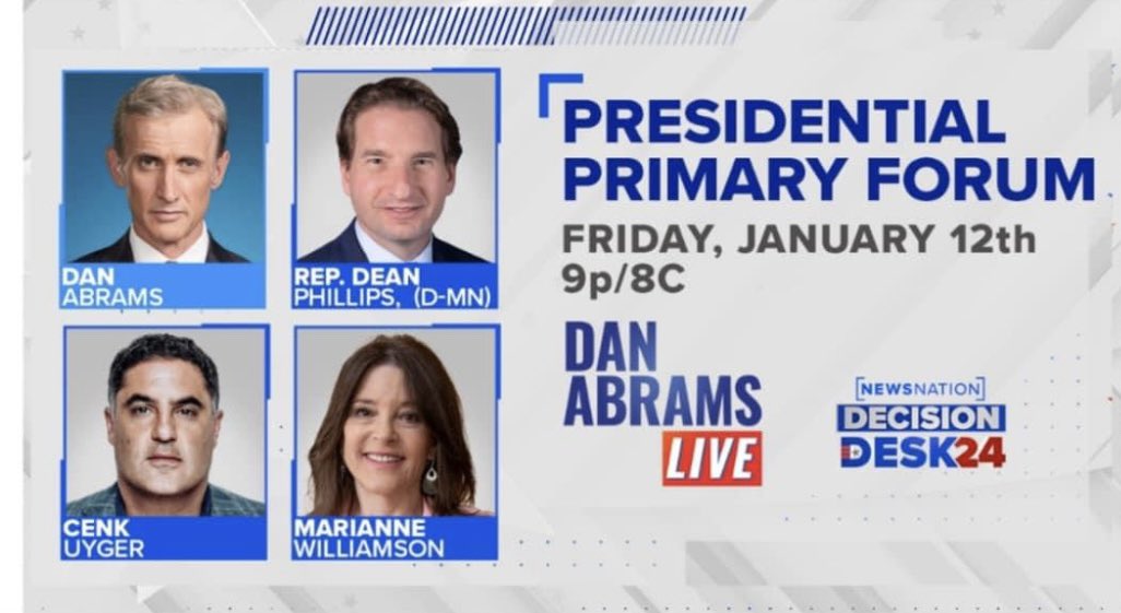 Democratic primary debate tonight 

Dan Abrams | News Nation | 9PM EST

-Available on YouTube TV with free trial- 

#DemDebate #MarianneWilliamson #Election2024