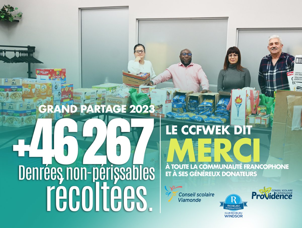 GrandPartage2023#
Plus de 46 267 denrées non périssables ont été récoltées grâce à l’appui exceptionnelle de la communauté.
Merci à toute la communauté francophone de Windsor-Essex-Kent. Merci à nos généreux partenaires communautaires: <a href="/CSViamonde/">CS Viamonde</a>  <a href="/CscProvidence/">Csc Providence</a> @ClubRichelieuWE