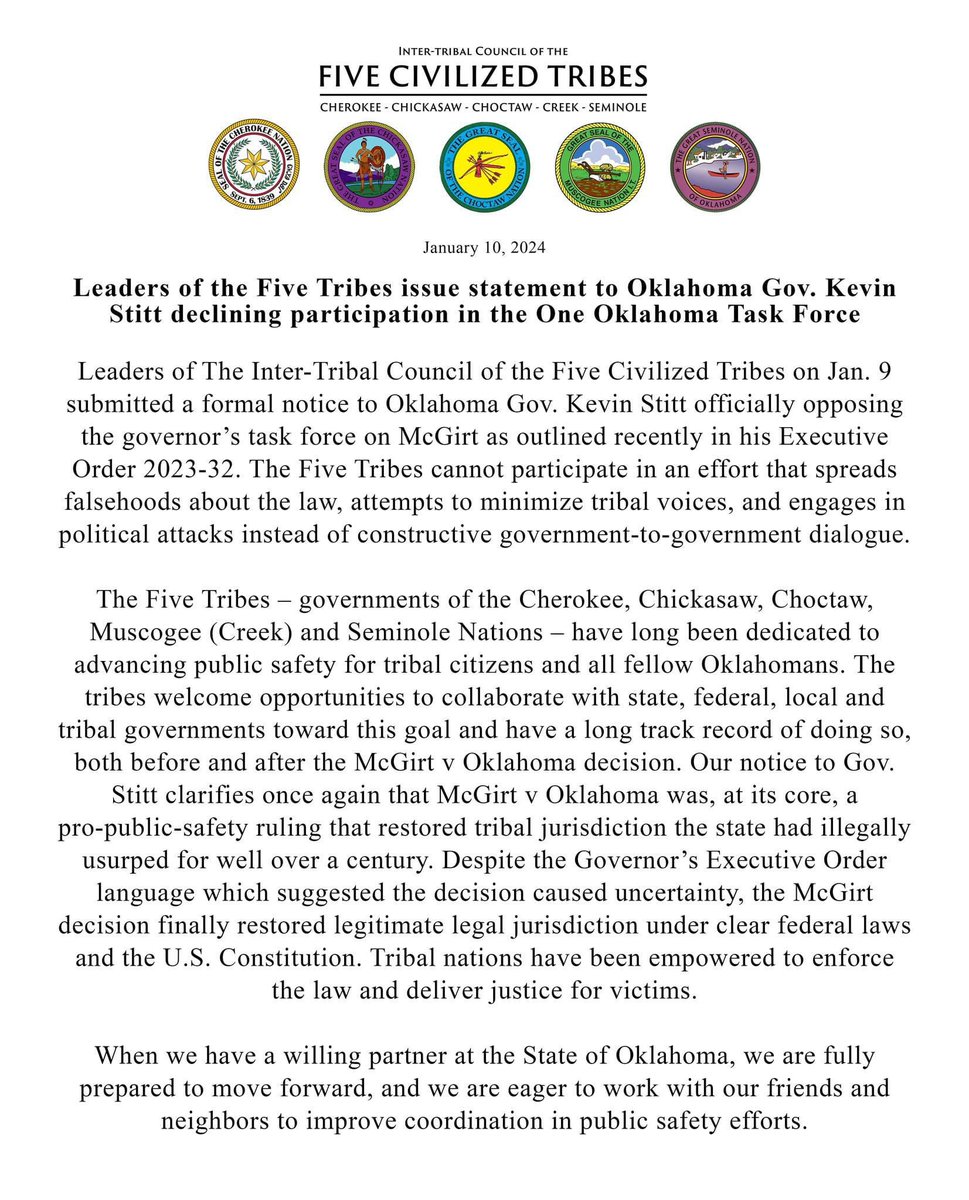 Leaders of the Five Civilized Tribes issue statement to Oklahoma Gov. Kevin Stitt declining participation in the One Oklahoma Task Force.