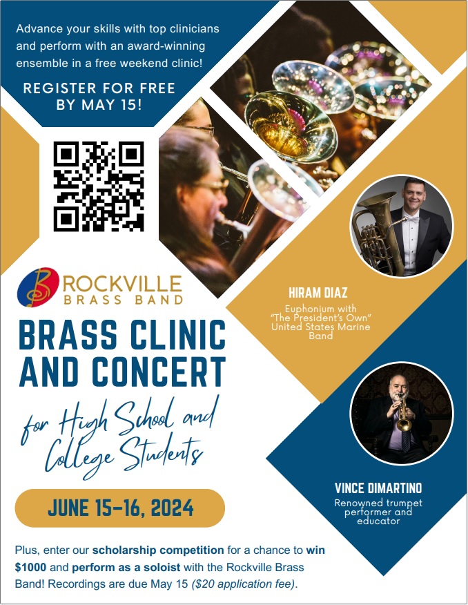 High school &amp; college brass: Advance your skills in a free clinic &amp; concert with the Rockville Brass Band &amp; guest artists this June. Ambitious students can also compete for scholarship funds. Details: sites.google.com/rockvillebrass…