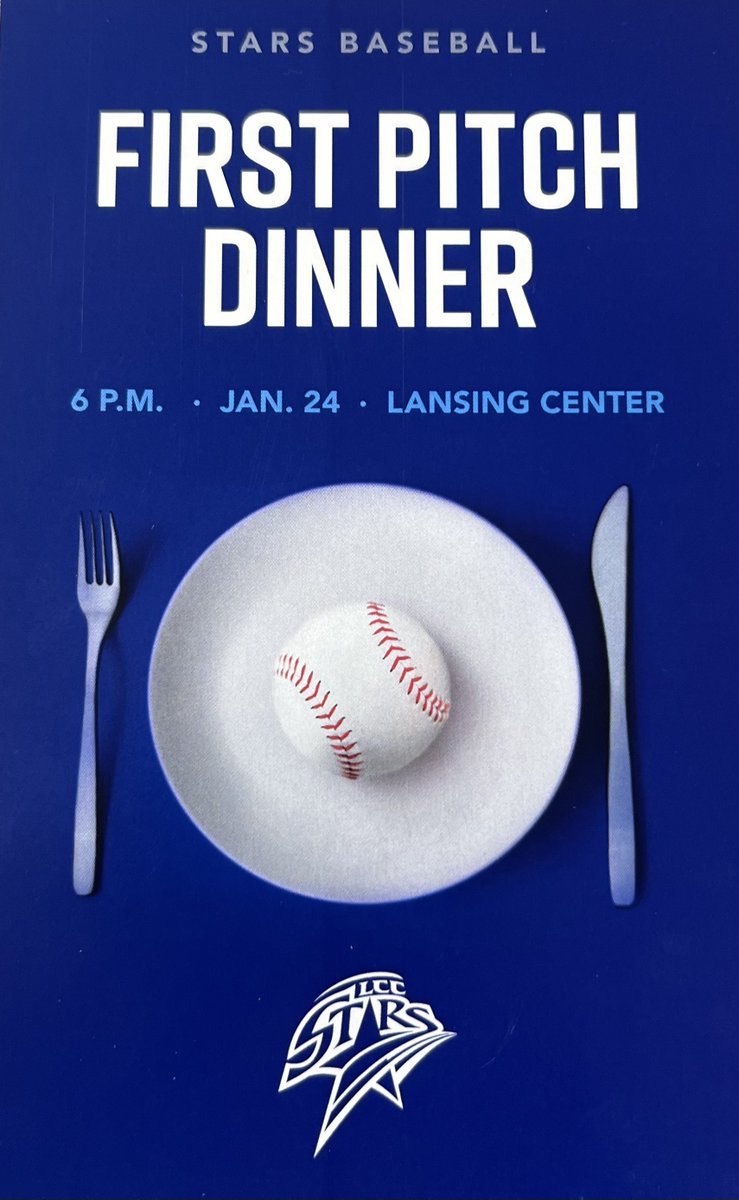 First Pitch Dinner 6PM January 24th, Dinner plate with baseball and Stars logo 
