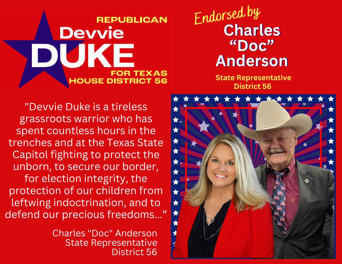 Devvie Duke (@duke4texas) on Twitter photo I’m so excited to share that I have received the endorsement of Lt. Col. Allen West!
<a href="/AllenWest/">Allen West</a> has joined <a href="/KenPaxtonTX/">Attorney General Ken Paxton</a> and <a href="/DocAnderson4TX/">Charles Doc Anderson</a> in endorsing the conservative candidate for Texas HD56!
Thank you everyone! I’m so excited to share that I have received the endorsement of Lt. Col. Allen West!
<a href="/AllenWest/">Allen West</a> has joined <a href="/KenPaxtonTX/">Attorney General Ken Paxton</a> and <a href="/DocAnderson4TX/">Charles Doc Anderson</a> in endorsing the conservative candidate for Texas HD56!
Thank you everyone!