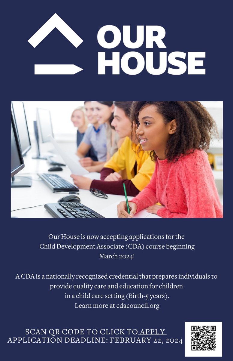 Our House is now accepting applications for the Child Development Associate (CDA) course beginning in March.  Learn more at cdacouncil.org. Application Deadline February 22nd. 

loom.ly/RcnlSvY

#atlantajobs #atlantachildcare #jobopening