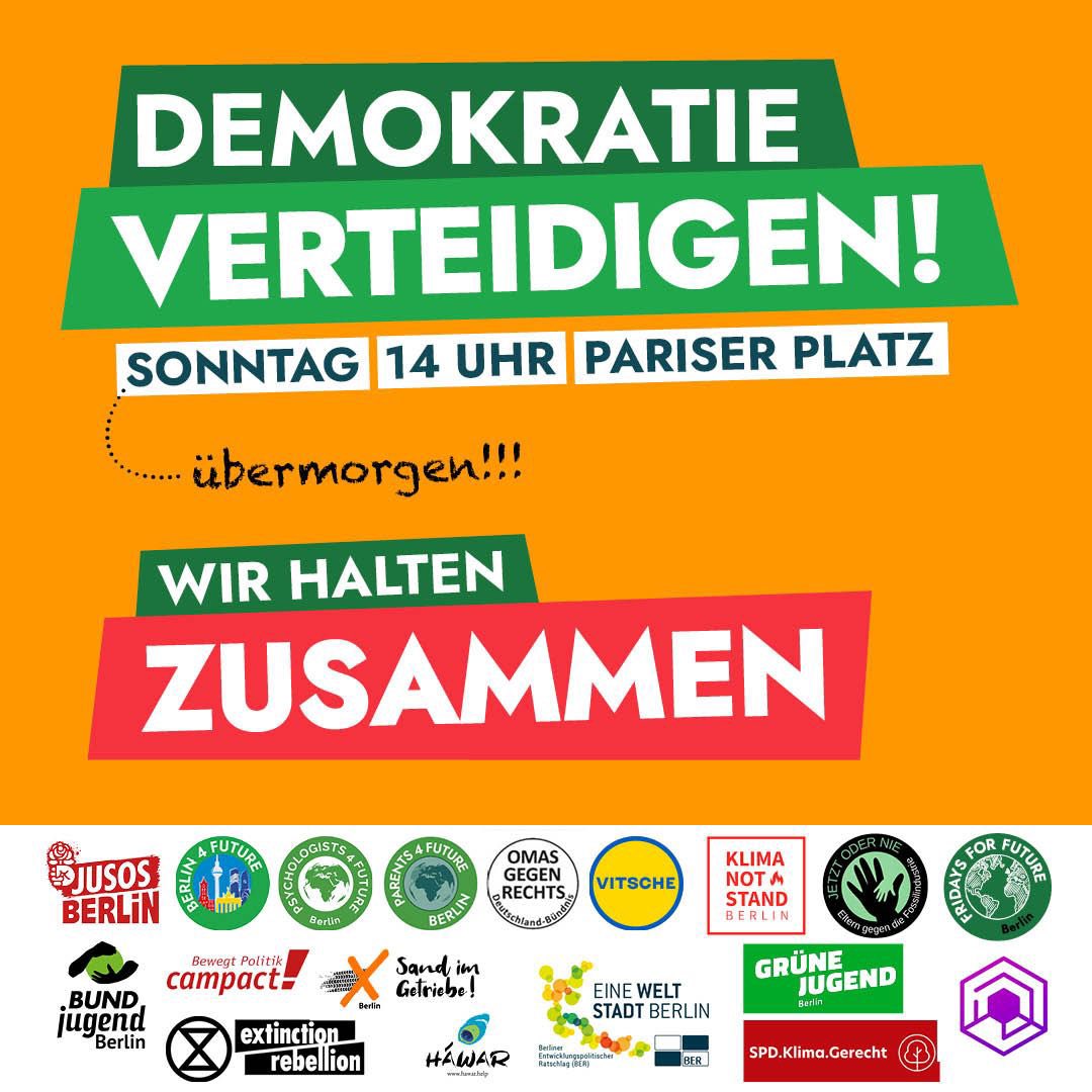 Demokratie verteidigen!
Sonntag, 14.01. um 14 Uhr
Pariser Platz, Berlin
#wirhaltenzusammen