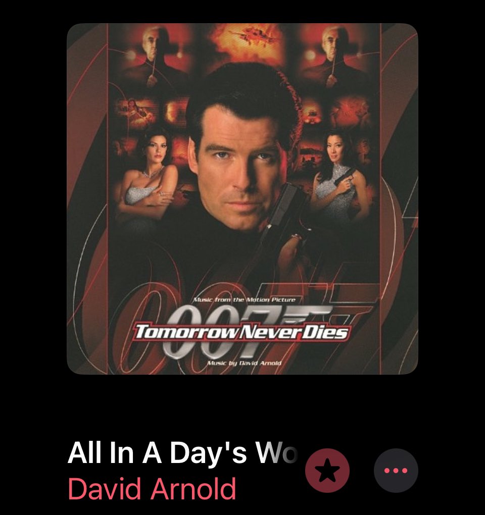 Non-superhero hero #TrackOfTheDay 007 comin in hot with ‘All In A Day’s Work’ from #TomorrowNeverDies, composed by #DavidArnold. Great action music here! #007 #JamesBond #Soundtrack #MusicAppreciation
