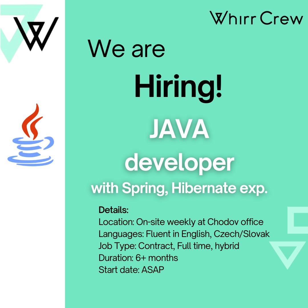 Hi! We are looking for a Java developer
with Spring, Hibernate experience

Details:
On-site weekly at Chodov office (Czech Republic)
Languages: Fluent in English, Czech/Slovak
Job Type: Contract, Full time
Start date: ASAP

#openvacancy #openposition #whirrcrew #hiring #Java