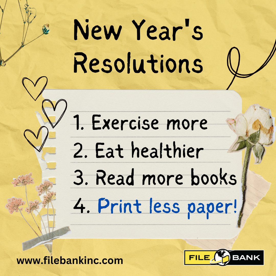 FileBankInc's tweet image. Today is Stick To Your New Year&apos;s Resolution Day
We&apos;re almost halfway through January, and many of us are already starting to break our New Year resolutions. Why not make your #4 resolution to print less paper? FileBank can help! #gopaperless #FileBankInc