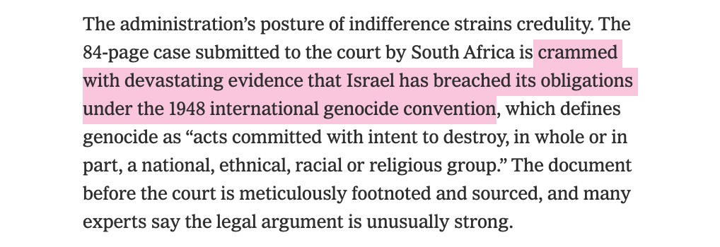 Even the NYT is now running commentary saying that there is 'devastating evidence that Israel breached its obligations under the genocide convention.'