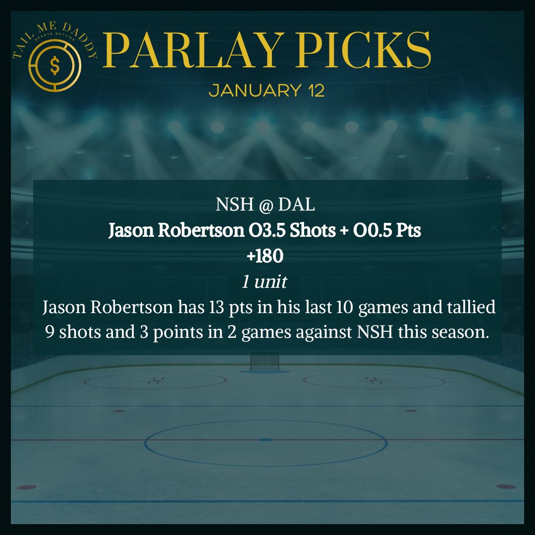 tailmedaddy's tweet photo. ✨🏒Parlay Picks - January 12 🥅✨ 
Light night in the NHL, picks are in. 
#GamblingTwitter #gamblingx #PlayerProps #NHL #sportsbetting #tailmedaddy https://t.co/M4gz8zE0ZU