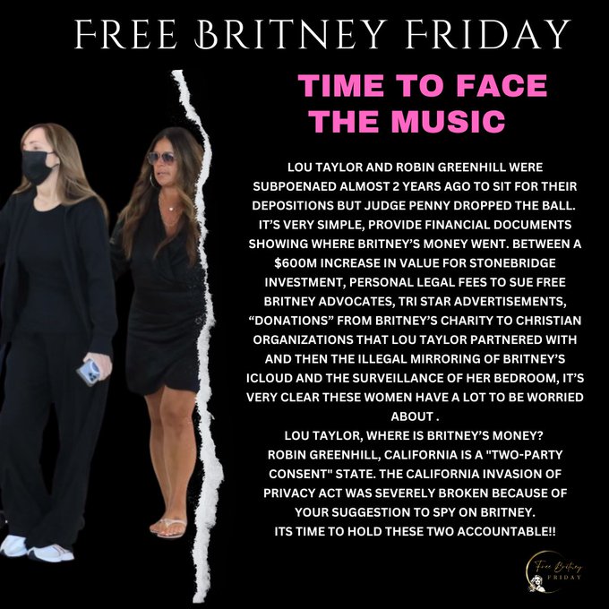 These women have dodged their depositions for close to 2yrs. Lou robbed Britney’s 💰 and Robin broke the CIPA law. It’s time for them to answer for their corrupt involvement and be held accountable 📷#JusticeForBritney <a href="/GT_Law/">Greenberg Traurig LLP</a> <a href="/ACLU/">ACLU</a> <a href="/TheJusticeDept/">U.S. Department of Justice</a> <a href="/nytimes/">The New York Times</a> <a href="/FBI/">FBI</a> <a href="/DailyMail/">Daily Mail</a>