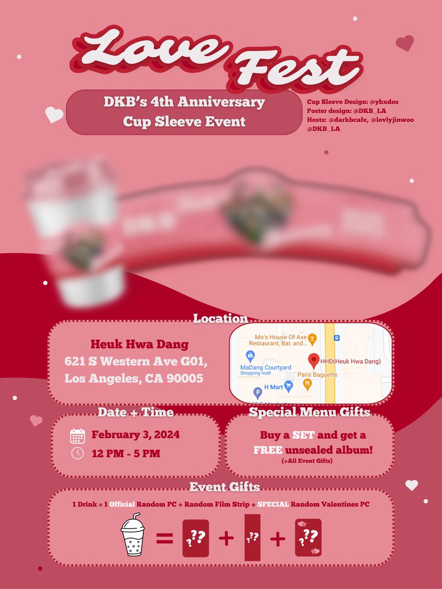 darkbcafe's tweet photo. 💌 LoveFest: DKB’s 4th Anniversary Cupsleeve event is here!!

Spend DKB’s 4th Anniversary with us on February 3rd, 2024💘

💘 Menu items + our very special vendors will be announced soon!

Thank you to @lovlyjinwoo &amp; @DKB_LA for joining us in hosting this event! 💗

#다크비 #DKB https://t.co/zkNl4Q0hOk