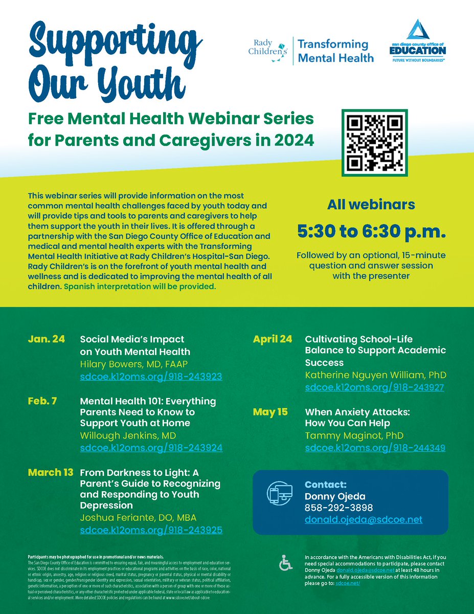 Free! Check out this Mental Health Webinar Series for Parents & Caregivers. Everything Parents Need to know to Support Youth at Home, is scheduled for February 7. To register visit: sdcoe.k12oms.org/918-243924 @DelLagoAcademy @ehscougars @OrangeGlen @SanPasqualHS @vhsgrizzlies