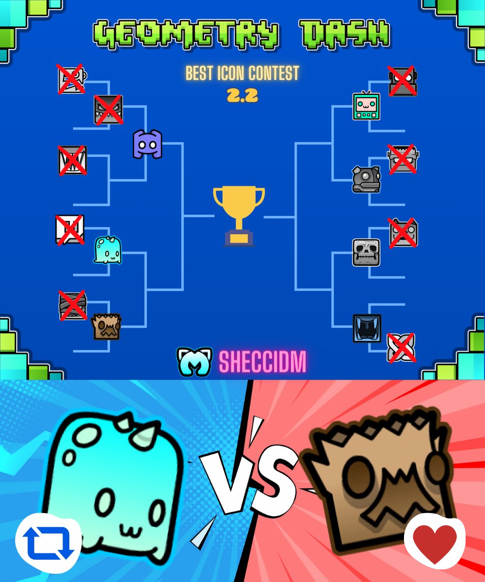 ¡Es hora de decidir el mejor icono de la 2.2 de Geometry Dash! 
 ¿Quién se llevará el título? ¡Tú decides! 
¡CUARTOS DE FINAL! SEGUNDA RONDA
- Reacciona con "Repostear" para el icono A.
- Reacciona con "Me encanta" para el icono B.
#GeometryDash