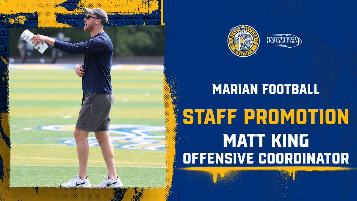 @MarianUFootball has their new offensive coordinator, as Matt King has been promoted to the OC role! Looking forward to big things from @MU_CoachKing! muknights.com/news/2024/1/12…