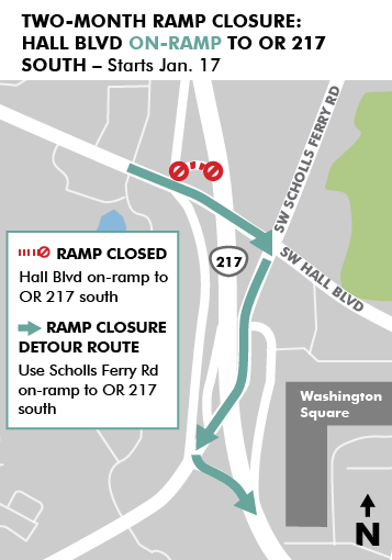 OregonDOT's tweet image. OR 217 travelers in #Tigard and #Beaverton! The Hall Blvd on-ramp to OR 217 south will close for two months starting Wed, Jan. 17.* 

Info and ramp detour: hwy217.org. *Please note new start date.

#PDXtraffic #217AuxLanes. @CityofBeaverton @WashcoOregon @TigardOR